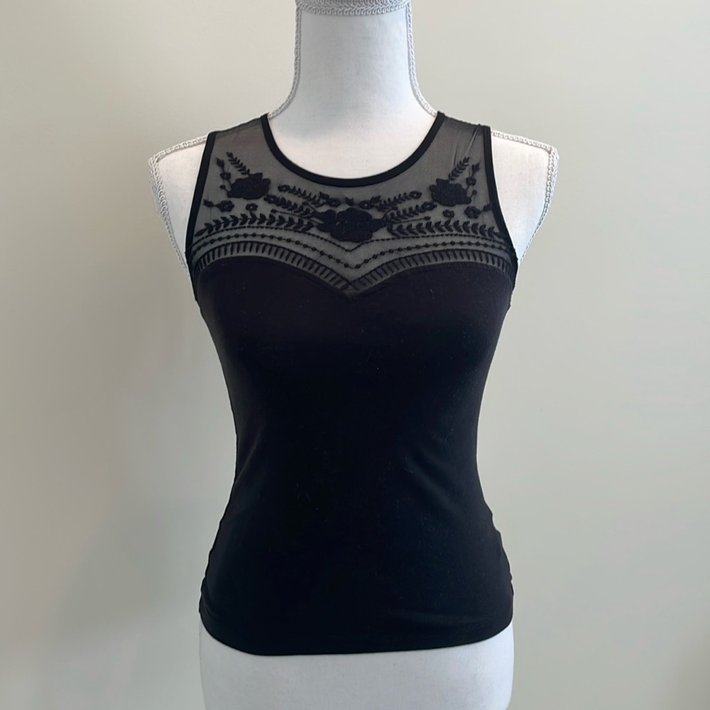 Garage Black Sleeveless Embroidered Top with Sheer Panel. XS